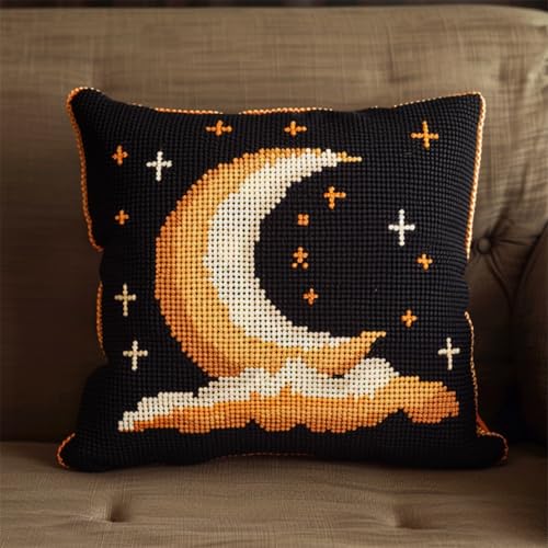 Latch Cushion DIY Knotting Set mit Werkzeug,Kreuzstich Kissen Zum Selber Machen,Knüpfkissen 43x43cm für Kinder und Erwachsene,Handarbeit Starter Kit,Sterne und Mond von kitphoenix