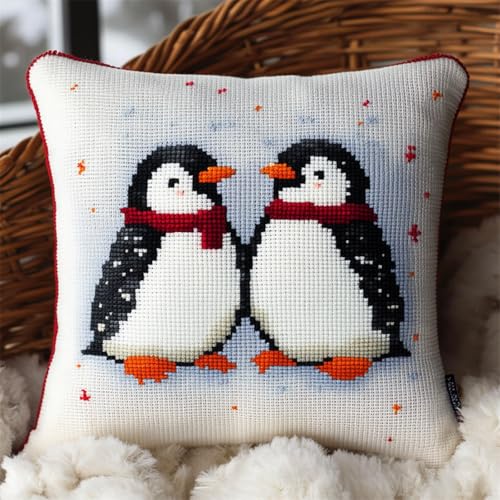 Latch Hook Kissen Kit DIY Knüpfhaken-Set für Erwachsene und Anfänger,Knüpfkissen Bezug 43x43 cm Selber Machen mit Wolle,Kreatives Bastelset für Entspannung und DIY Dekor,Pinguin von kitphoenix