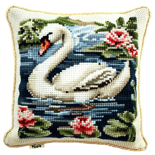 Latch Hook Kissen Kit DIY Knüpfhaken-Set für Erwachsene und Anfänger,Knüpfkissen Bezug 43x43 cm Selber Machen mit Wolle,Kreatives Bastelset für Entspannung und DIY Dekor,Schwan von kitphoenix
