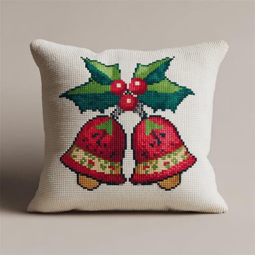 Latch Hook Kissen Kit DIY Knüpfhaken-Set für Erwachsene und Anfänger,Knüpfkissen Bezug 43x43 cm Selber Machen mit Wolle,Kreatives Bastelset für Entspannung und DIY Dekor,Weihnachtsglocken von kitphoenix