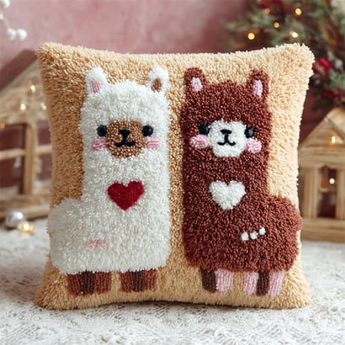 Latch Hook Kit DIY Knüpfkissen Set Zum Selbermachen mit Knüpfhaken,Bastelset für Kinder und Erwachsene,Entspannendes Handarbeit Kissen 43x43cm für Wohnkultur,Süßes Alpaka von kitphoenix