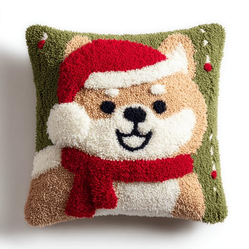 Latchkissen Kreativset Weihnachten,DIY Stickkissen für Kinder & Erwachsene,Knüpfkissen Set inkl. Zubehör,43x43 cm,Bastelset & Anfängerfreundliches Knüpfpackung mit Motiv,Weihnachten Akita Hund von kitphoenix