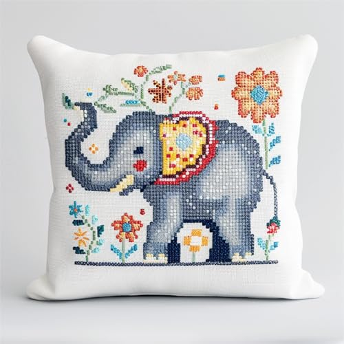 kitphoenix DIY Latch Hook Kissen Kit 43x43cm,Knüpfkissen Set zum Selbermachen mit Kissenhülle,Handarbeits-Set für Erwachsene & Kinder,Kreuzstich Heimdekoration,Elefant von kitphoenix