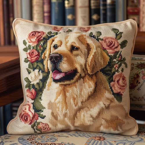 kitphoenix Diy Knüpfkissen Zum Rosenblume Und Golden Retriever Hund Knüpfteppich Set 43Cmx43Cm von kitphoenix