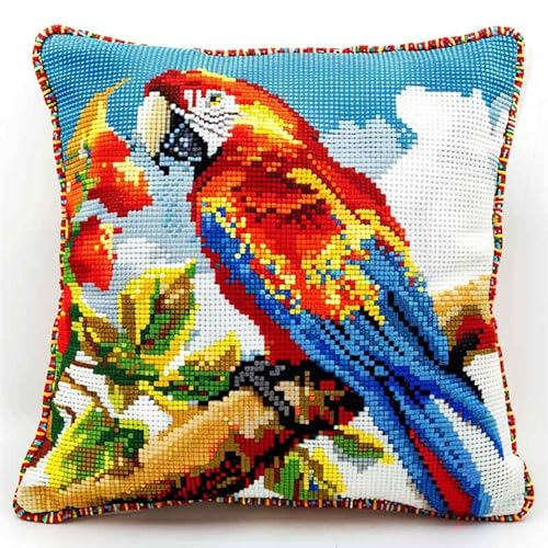 kitphoenix Knüpfkissen Set, Latch Hook Kissen Kit Papagei Und Bule-Himmelfür Kinder Oder Anfänger Erwachsene Zum Selber Knüpfen, Diy Knüpfteppich Knüpfpackung, Knüpfhaken Set 43 X 43 Cm von kitphoenix