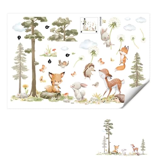 1 Stück Waldtiere Baum Wandtattoo, Lichtfarbe Babyzimmer Wandsticker, Wandaufkleber Kinderzimmer, Fuchs Hase REH Wandaufkleber, 40x60 cm (BxH), für Kinderzimmer Schlafzimmer Wanddeko von kitudaty