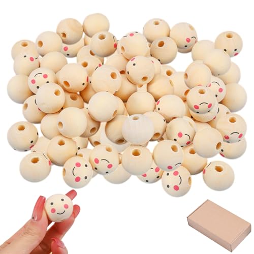 100 Stück Holzperlen mit Gesicht, 14mm Lächelndes Gesicht Holzperlen, Holzperlen Rund BastelnHolzkugeln mit Loch, Sorgenwürmchen Zubehör, Natur Holzköpfe, für DIY Schmuck zubehör Decor von kitudaty