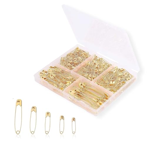 300 Stück Sicherheitsnadeln, rostbeständige Metallsicherheit, Eisennadeln Set mit 5 Größen für Kunst Handwerk, Nähen, Säumen, Rimming Fastening Clip Knopf und DIY Schmuck (Gold) von kitudaty