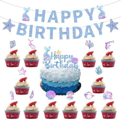 Meerjungfrau Tortendeko, 1 Happy Birthday-Flagge, 1 Große Kuchenkarte und 12 Kleine Kuchenkarten, Meerjungfrau Ocean Theme Topper für Mädchen Party Geburtstag Party Kuchen Dekoration Supplies Meerjungfrau Tortendeko, 1 Happy Birthday-Flagge, 1 Große Kuchenkarte und 12 Kleine Kuchenkarten, Meerjungfrau Ocean Theme Topper für Mädchen Party Geburtstag Party Kuchen Dekoration Supplies von kitudaty