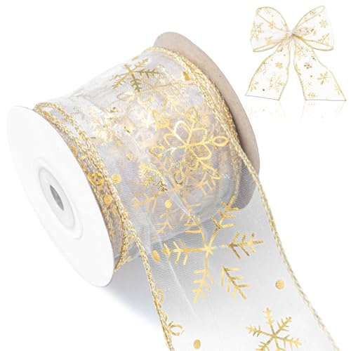 Schneeflocke Geschenkband mit Draht Gold, 1 Stück Weihnachten Schleifenband,Glitter Organza Geschenkband, Schleifenband Breit, Band für Dekoratives Geschenk, Geschenkverpackung Merry Christmas von kitudaty