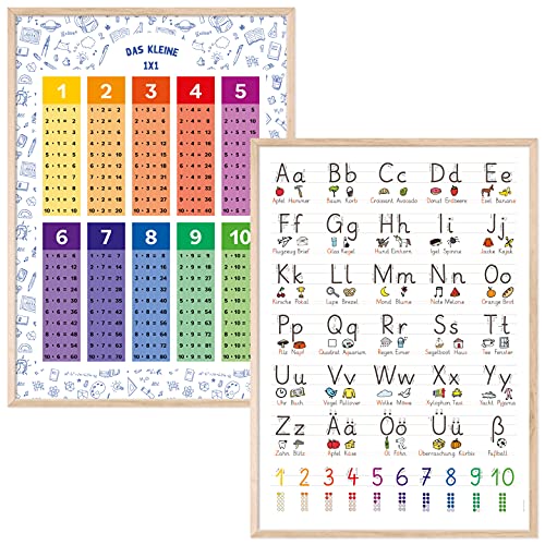 kizibi® 1x1 und Grundschrift Poster Set A2 mit Rahmen Holz Farbe Eiche für Kinderzimmer, Lernposter für Mädchen und Jungen, für Kindergarten, Vorschule oder Grundschule von kizibi