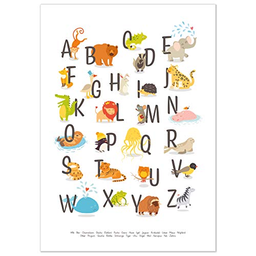 kizibi® ABC Poster DIN A2 für Kinderzimmer, Alphabet Poster für Mädchen und Jungen, Buchstaben zum Lernen, Tier Lernposter mit Buchstaben | für den Kindergarten, Vorschule oder Grundschule von kizibi