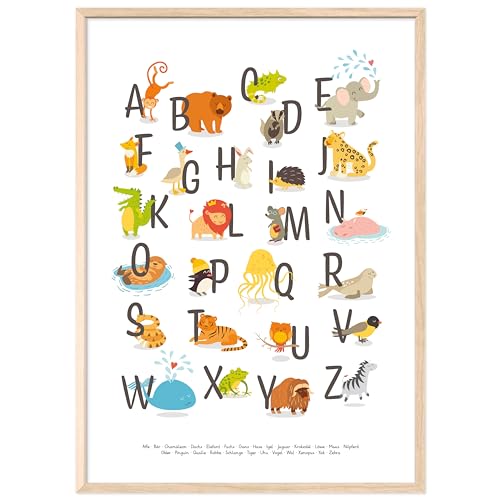 kizibi® ABC Poster DIN A2 mit Rahmen Natur für Kinderzimmer, Alphabet Poster für Mädchen und Jungen, Buchstaben zum Lernen, Tier Lernposter mit Buchstaben auf deutsch | Vorschule oder Grundschule von kizibi