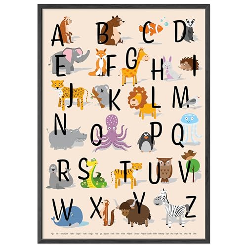 kizibi® ABC Poster DIN A2 mit Rahmen Schwarz für Kinderzimmer, Alphabet Poster für Mädchen und Jungen, Buchstaben zum Lernen, Tier Lernposter mit Buchstaben auf deutsch | Vorschule oder Grundschule von kizibi