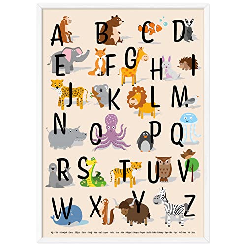 kizibi® ABC Poster DIN A2 mit Rahmen Weiß für Kinderzimmer, Alphabet Poster für Mädchen und Jungen, Buchstaben zum Lernen, Tier Lernposter mit Buchstaben auf deutsch | Vorschule oder Grundschule von kizibi