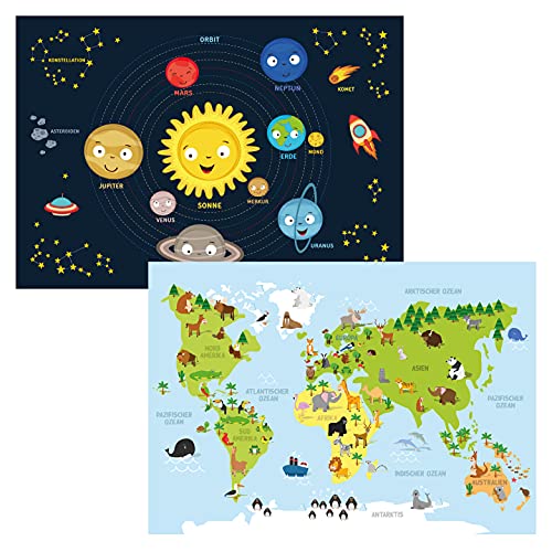 kizibi® Weltkarte und Planeten Poster Set A2 für Kinderzimmer, Lernposter für Mädchen und Jungen, Orbit Kontinente | für Kindergarten, Vorschule oder Grundschule von kizibi