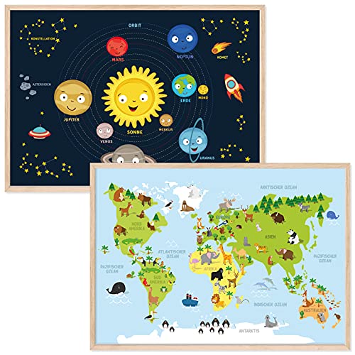 kizibi® Weltkarte und Planeten Poster Set A2 mit Rahmen Holz Farbe Eiche für Kinderzimmer, Lernposter für Mädchen und Jungen, Orbit Kontinente | für Kindergarten, Vorschule oder Grundschule von kizibi