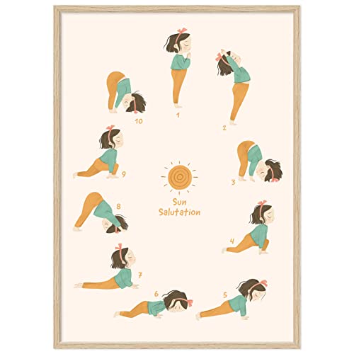 kizibi® Yoga Poster für Kinder mit Rahmen Farbe Eiche, Yoga Sonnengruß im Kinderzimmer, Yoga für Kinder, Yogaübungen mit Kind von kizibi