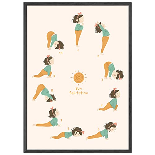 kizibi® Yoga Poster für Kinder mit Rahmen Schwarz, Yoga Sonnengruß im Kinderzimmer, Yoga für Kinder, Yogaübungen mit Kind von kizibi