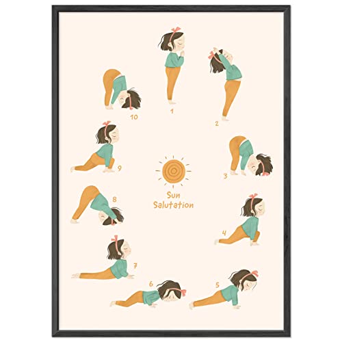 kizibi® Yoga Poster für Kinder Mit Rahmen Schwarz, Sonnengruß im Kinderzimmer, Yogaübungen Mit Kind von kizibi