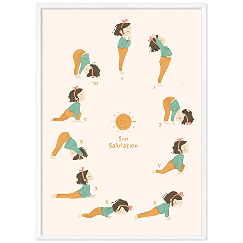 kizibi® Yoga Poster für Kinder mit Rahmen Weiß, Yoga Sonnengruß im Kinderzimmer, Yoga für Kinder, Yogaübungen mit Kind von kizibi