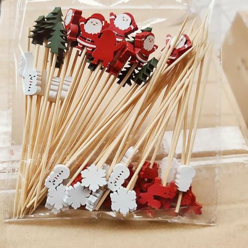 kkiuop 50 Stück Weihnachtsfruchtstäbchen Einweg-Bambusstäbchen Schneeflocke Weihnachtsbaum Claus Santa Schneemann Party Supplies Elchstäbchen von kkiuop