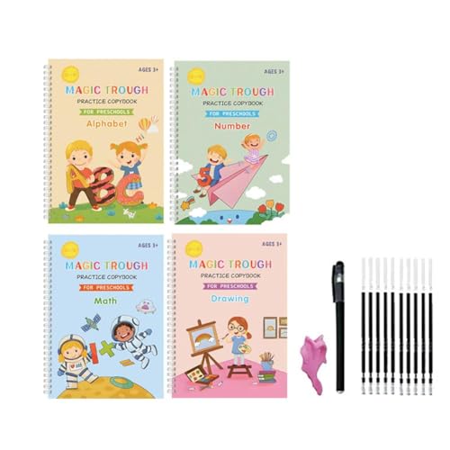 kkiuop Gerilltes Übungskopierbuch, 4 Stück, mit Stiften, wiederverwendbare Kinderkopierbücher, Handschriftübungen für Kinder von kkiuop