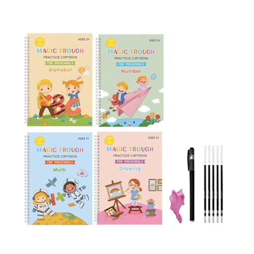 kkiuop Gerilltes Übungskopierbuch, 4 Stück, mit Stiften, wiederverwendbares Übungsbuch für Kinder, Handschrift von kkiuop