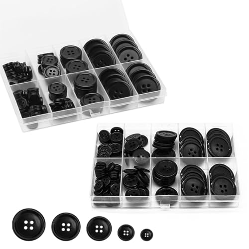 200 Stück schwarze Knöpfe aus Kunstharz, runde Knöpfe mit 4 Löchern, schwarzes Knopf-Set mit Fach Aufbewahrungsbox für DIY-Dekoration und Nähen, Mantel, Anzug, Hemd von klahh
