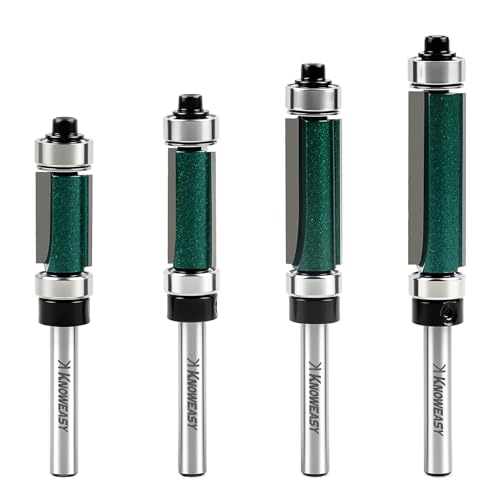 Knoweasy 4-teiliges Bündigfräser-Bit-Set mit oberem und unterem Lager, 1/4-Zoll-Schaft für glatte Holzbearbeitung, inklusive 1/2-Zoll-Schnittdurchmesser-Bits mit 3/4, 1, 1-1/4 und 1-1/2 Zoll Knoweasy 4-teiliges Bündigfräser-Bit-Set mit oberem und unterem Lager, 1/4-Zoll-Schaft für glatte Holzbearbeitung, inklusive 1/2-Zoll-Schnittdurchmesser-Bits mit 3/4, 1, 1-1/4 und 1-1/2 Zoll von knoweasy
