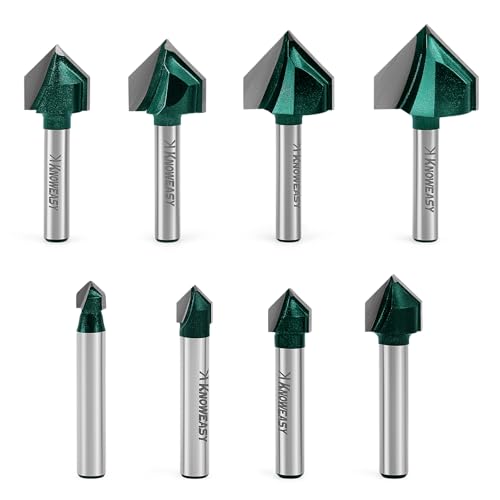 Knoweasy 8-teiliges 90-Grad-V-Nut-Fräser-Bit-Set mit 1/4-Zoll-Schaft, Hartmetallbestückte 2-schneidige Gravur-Bits für Holzbearbeitung, inklusive 1/4 bis 1 Zoll Schnittdurchmesser zum Anfasen und Knoweasy 8-teiliges 90-Grad-V-Nut-Fräser-Bit-Set mit 1/4-Zoll-Schaft, Hartmetallbestückte 2-schneidige Gravur-Bits für Holzbearbeitung, inklusive 1/4 bis 1 Zoll Schnittdurchmesser zum Anfasen und von knoweasy