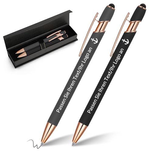 kodinsiivous 2 Stück Personalisierbarer Kugelschreiber,Metall Stift mit Stylus, Druckkugelschreiber mit Namen und Ikone Gravur Geschenk für Abschlussfeier, Jubiläum, Büro, Glattes Schreiben,Grau von kodinsiivous