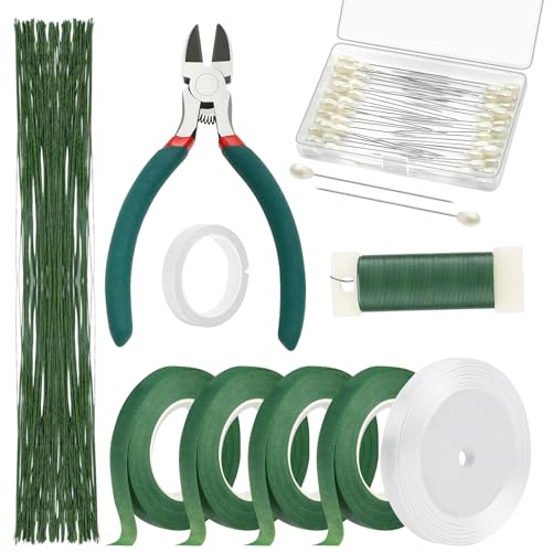 kodivenj Blumenarrangement-Set, Blumendraht-Werkzeug-Set mit grünem Blumenband, Anstecknadel, Drahtschneider, weißem Band und doppelseitigem Klebeband für Blumensträuße, Kranzherstellung von kodivenj