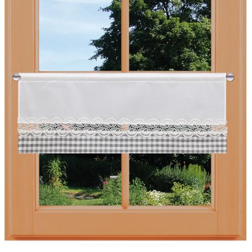 Feenhaus-Scheibengardine Hannah mit Vogtländischer Spitze Landhaus-Kurzgardine grau-weiß kariert | blickdichter Scheibenhänger für Küche und Esszimmer | Panneaux Höhe x Breite 30 x 67 cm von kollektion MT