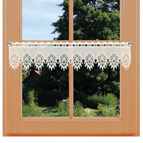Klassische Scheibengardine Stina aus Vogtländischer Spitze | Feenhaus-Kurzgardine in Natur mit Spitzenabschluss | gemütlich-rustikaler Landhaus-Scheibenhänger mit Ornament-Muster | HxB 18 x 146 cm von kollektion MT