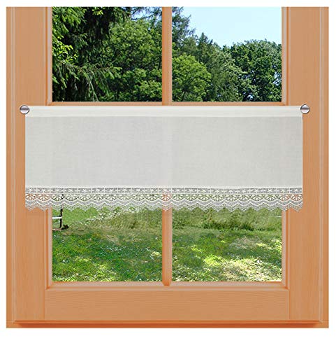 Landhaus-Scheibengardine Inkas Vogtländische Spitze Scheibenhänger mit Stickereikante Kurzgardine in Natur | klassisch-zarte Spitzengardine | gestickte Ornamente Panneaux Höhe x Breite 30 x 106 cm von kollektion MT