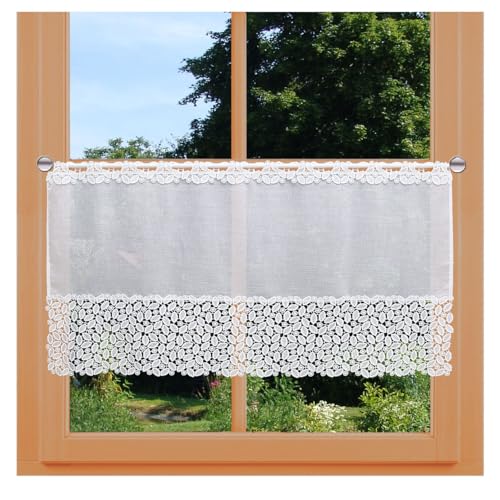 Scheibengardine Carmelita Vogtländische Spitze | moderner Scheibenhänger mit Blätterdesign weiß | zeitlose Kurzgardine mit Sockelspitze handgefertigt | hochwertige Landhausgardine HxB 50 x 112 cm von kollektion MT