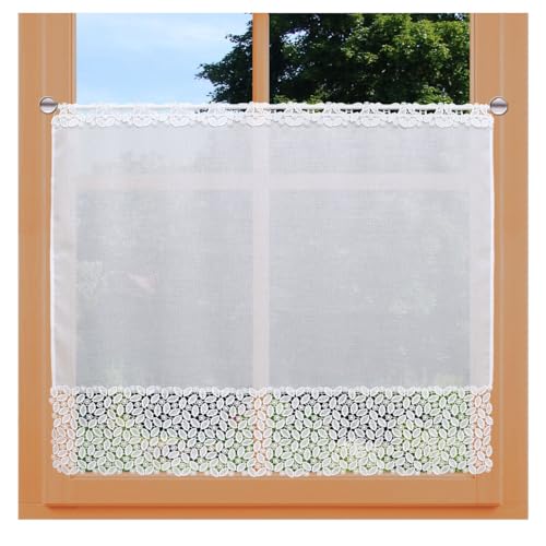 Scheibengardine Carmelita Vogtländische Spitze | moderner Scheibenhänger mit Blätterdesign weiß | zeitlose Kurzgardine mit Sockelspitze handgefertigt | hochwertige Landhausgardine HxB 80 x 112 cm Scheibengardine Carmelita Vogtländische Spitze | moderner Scheibenhänger mit Blätterdesign weiß | zeitlose Kurzgardine mit Sockelspitze handgefertigt | hochwertige Landhausgardine HxB 80 x 112 cm von kollektion MT