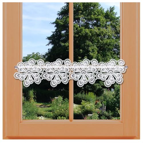 Scheibengardine Dilara Vogtländische Spitze moderne Stangendeko | zeitlose Feenhaus-Spitzengardine weiß-grau | Bistrogardine mit strahlenförmigen Ornamenten | Kurzgardine Höhe x Breite 19 x 48 cm von kollektion MT