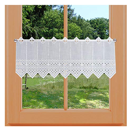 Scheibengardine Kurzgardine Kayla Feenhausgardine Plauener Spitze weiß mit Lochstickerei auf leichtem Batist mit Käseleinen-Struktur 30 x 64 cm von kollektion MT