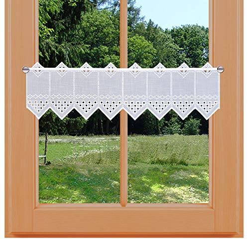 kollektion MT Scheibengardine Kurzgardine Kayla Feenhausgardine Vogtländischer Spitze weiß mit Lochstickerei auf leichtem Batist mit Käseleinen-Struktur 20 x 96 cm von kollektion MT