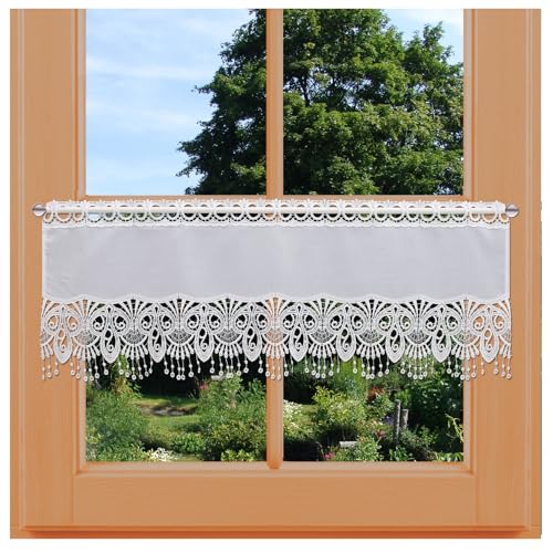 Scheibengardine Nala mit Perlenschnur-Fransen Scheibenhänger aus Vogtländischer Spitze weiß | Kurzstore mit modernem geometrischen Muster | Kurzgardine klassisch-zeitlos | Höhe x Breite 30 x 64 cm Scheibengardine Nala mit Perlenschnur-Fransen Scheibenhänger aus Vogtländischer Spitze weiß | Kurzstore mit modernem geometrischen Muster | Kurzgardine klassisch-zeitlos | Höhe x Breite 30 x 64 cm von kollektion MT