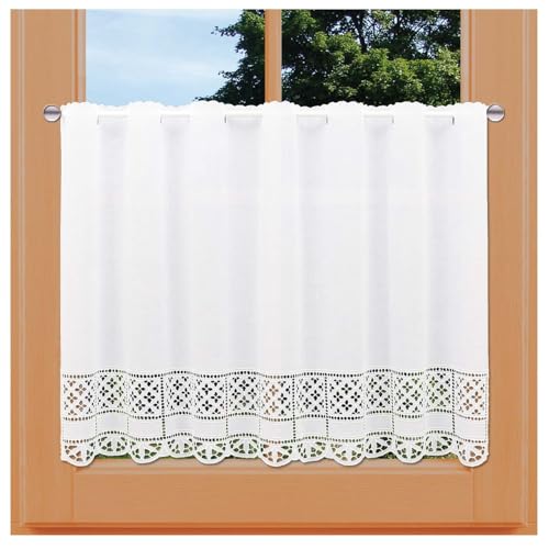 Scheibengardine Petrissa Vogtländische Spitze | Landhaus-Scheibenhänger mit Bohrarbeit in weiß | Kurzgardine im modernen Shabby Chic | zeitloses Panneaux aus Baumwoll-Linon Höhe x Breite 61 x 202 cm von kollektion MT