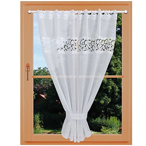 Scheibenhänger Carmelita Vogtländische Spitze mit Raffhalter | modern geraffter Sockelstore weiß Blätterdesign | Flächengardine handgefertigt | Kurzgardine Sockelstore Höhe x Breite 90 x 90 cm von kollektion MT