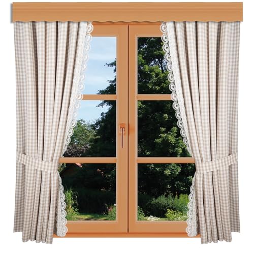 Vorhang-Garnitur Hannah Vogtländische Spitze – 2 Seitenschals & 2 Raffhalter beige-weiß kariert hochwertige Baumwolle | blickdichte Landhaus-Seitenschals | Übergardine Höhe x Breite 145 x 155 cm von kollektion MT