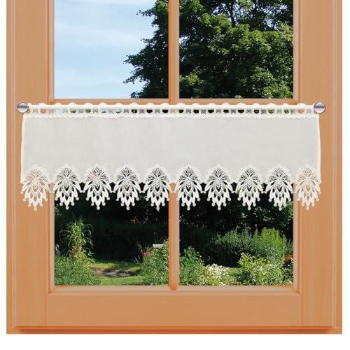 Klassische Scheibengardine Stina aus Vogtländischer Spitze | Feenhaus-Kurzgardine in Natur mit Spitzenabschluss | gemütlich-rustikaler Landhaus-Scheibenhänger mit Ornament-Muster | HxB 28 x 93 cm von kollektion MT