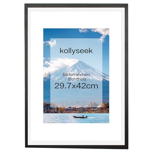 Bilderrahmen A3 Echtholz mit Passepartout Holz Rahmen mit Plexiglas Kieferholz Fotorahmen DIN A3 (29,7cm×42cm) mit Bruchsicherem plexiglas platten bilderrahmen Schwarz Weiss zimmer deko(schwarz) von kollyseek