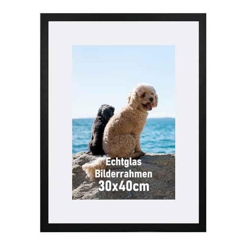 kollyseek Bilderrahmen 30x40cm Echtglas mit Passepartout Holz Rahmen mdf Fotorahmen DIN A4 (21x30 cm) mit Bruchsicherem echtglas platten bilderrahmen Schwarz (schwarz, 30x40cm/echtglas) von kollyseek