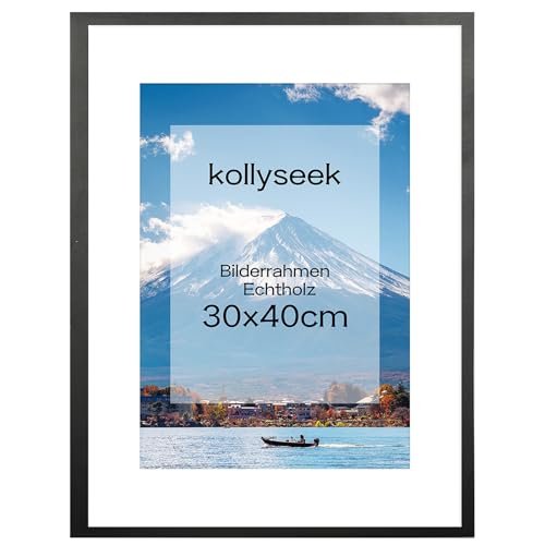 kollyseek Bilderrahmen 30x40cm Echtholz mit Passepartout Holz Rahmen mit Acrylglas Kieferholz Fotorahmen mit Bruchsicherem Acrylglas platten bilderrahmen Schwarz Weiss zimmer deko(schwarz) von kollyseek