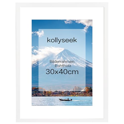 kollyseek Bilderrahmen 30x40cm Echtholz mit Passepartout Holz Rahmen mit Plexiglas Kieferholz Fotorahmen mit Bruchsicherem plexiglas platten bilderrahmen Schwarz Weiss zimmer deko(weiss) von kollyseek